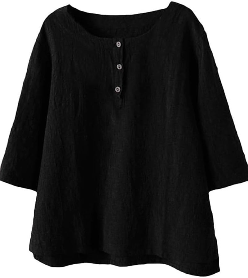 Minibee Women's 3/4 Sleeve Cotton Linen Jacquard Blouses Top T-Shirt (XL, Black)